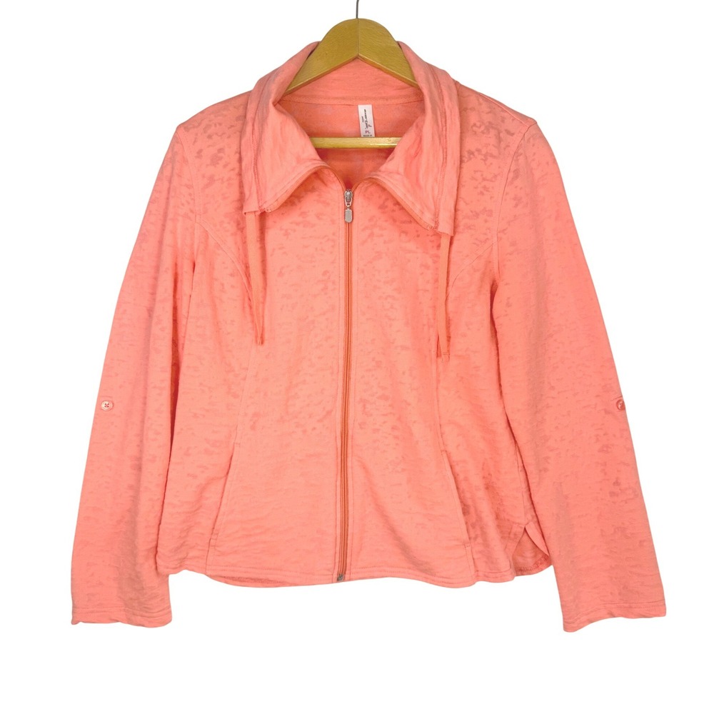 Exertek Petite Full Zip Burnout Jacket Coral Orange Roll Tab Sleeve PL